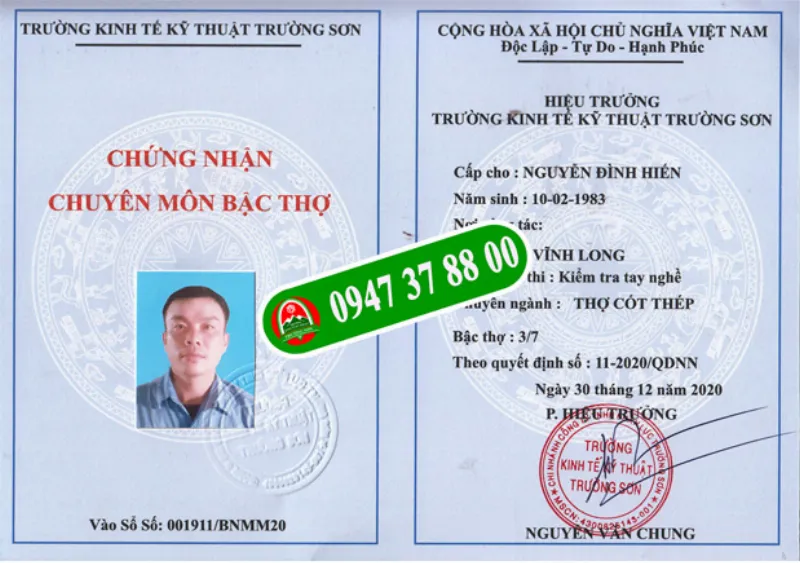 Chứng chỉ nghề công nhân